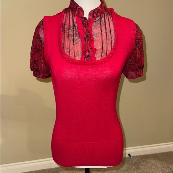 George Blouse Red and Black Fitted Ruffled Fooler Top with Vest Women’s Sz S - Picture 1 of 9